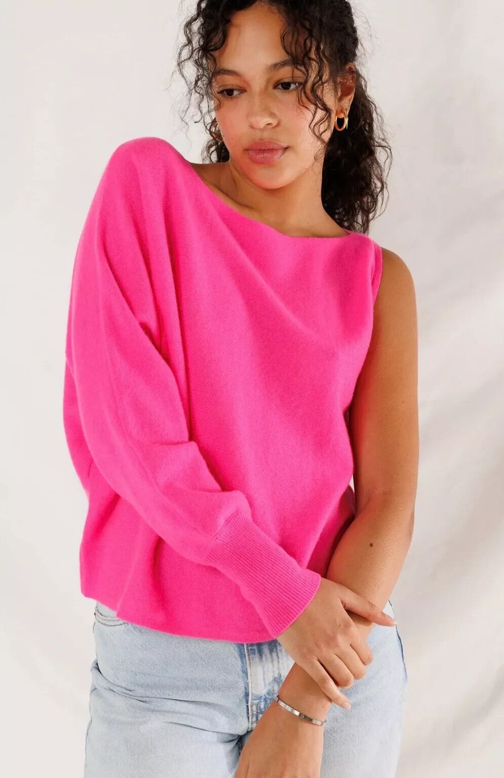 Neon Pink Cashmere One Shoulder Jumper- Fun Bright colourful Y2K