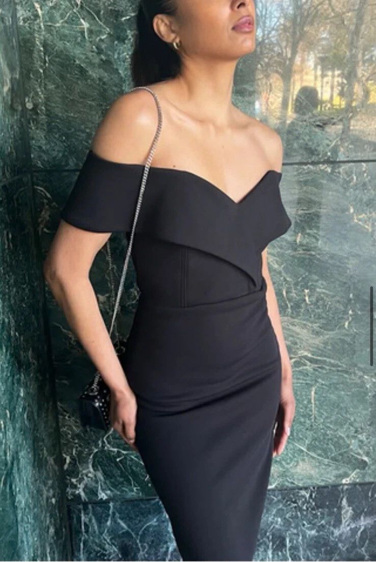 Mossman 'She Told Me So' Black stretch Off Shoulder Midi dress- classic preppy Party work function tailored