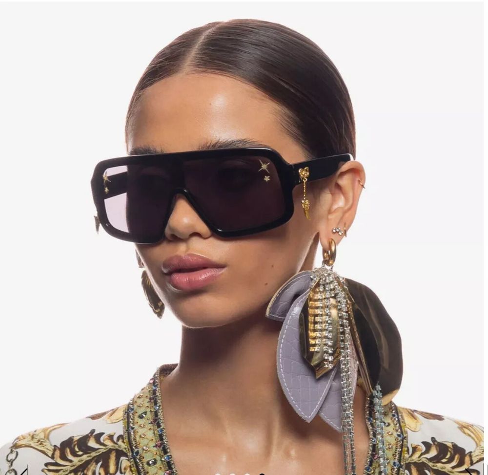 Camilla 'No Photos Please'-Black Sunglasses- Shield/Aviator Oversized, Statement, Bold, Large, Luxurious, Moto, Glam