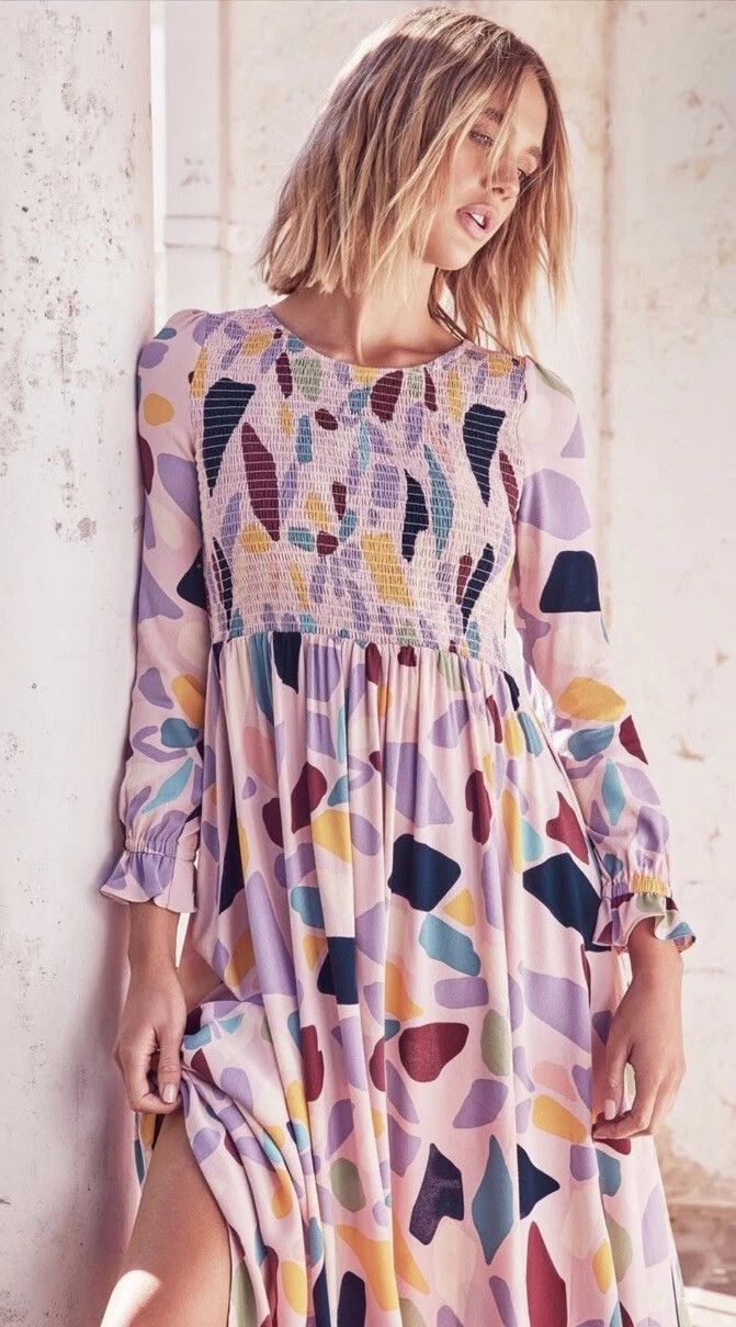 Mister Zimi Dahlia Kaleidoscope Pink Multi geometric Smocked Maxi Long Sleeve Dress