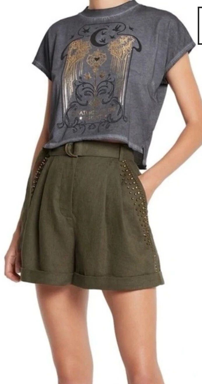 Sass & Bide khaki Green Linen Studded Shorts- 'Ribbon In The Sky'-grunge, casual, Summer,