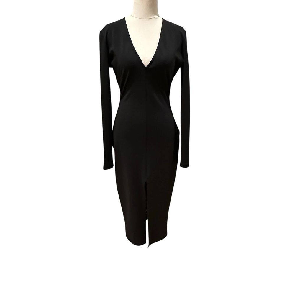 Bronx & Banco Black Stretch Long Sleeve Bodycon Midi Dress with Plunging V neckline - Chic, classic Timeless Body Hugging