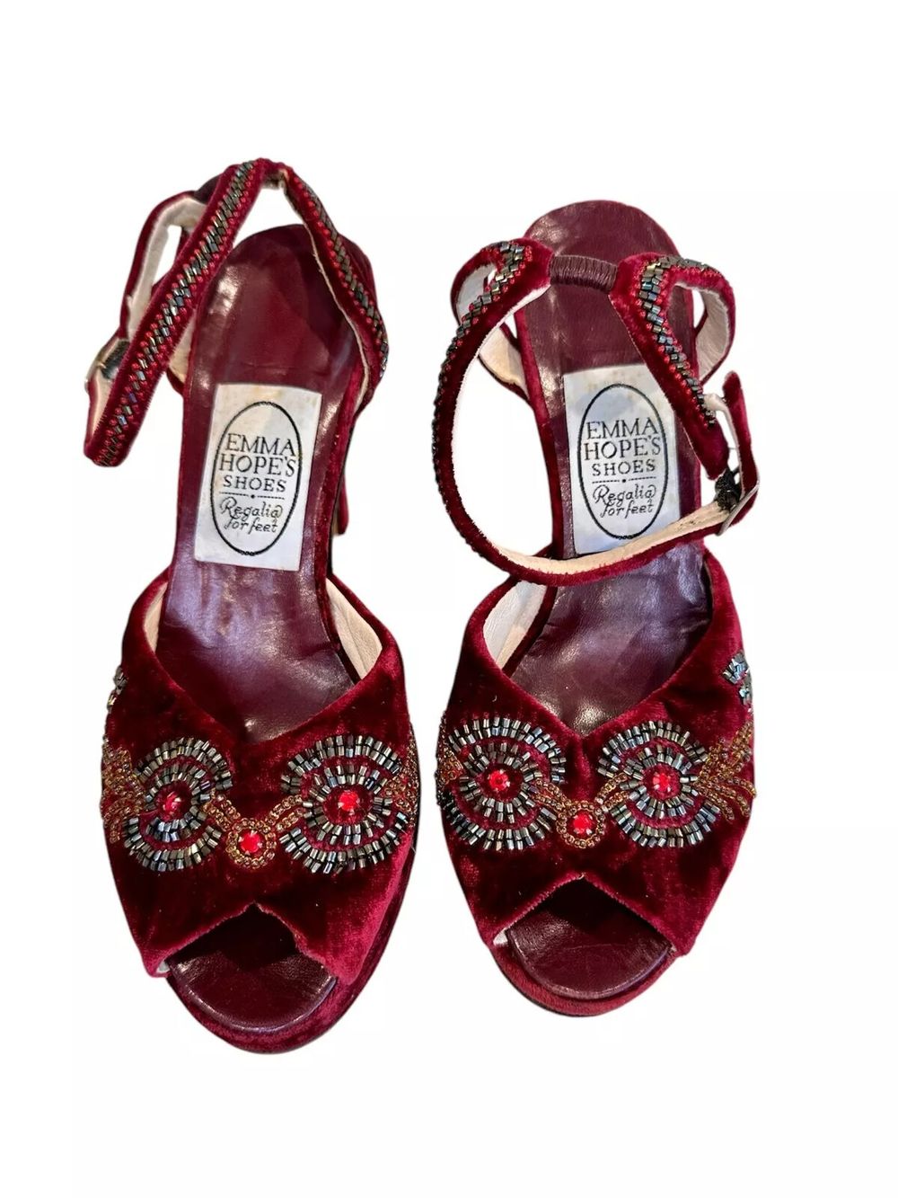 Emma Hope's Red Velvet Beaded Platform High Heels- Size 36-Italian Vintage 1940's