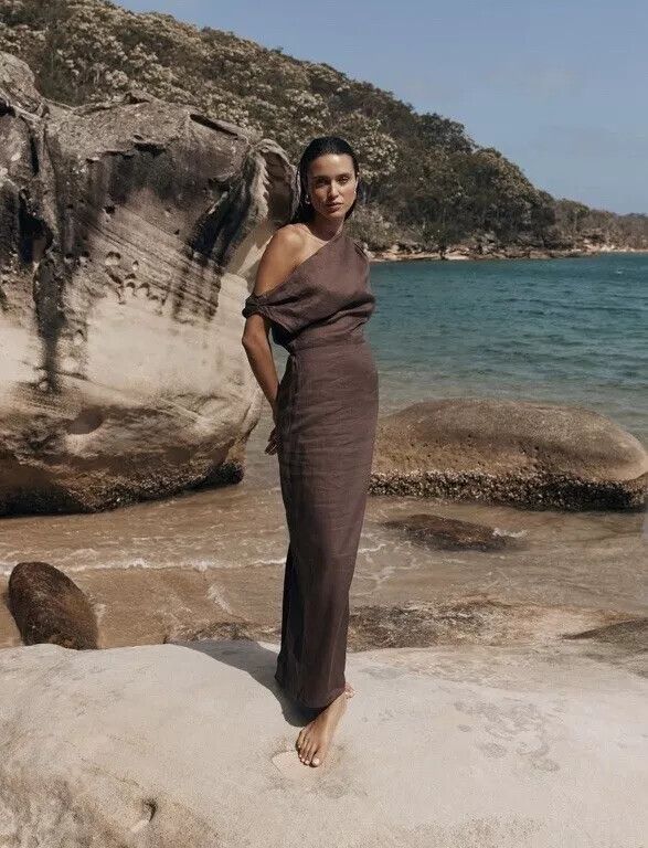 Dissh Cass Chocolate Brown Linen Asymmetrical Midi Dress