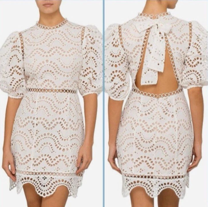 Zimmermann Jaya Wave Ivory Broderie Anglaise Open back Puff Sleeve Mini Dress Size 0