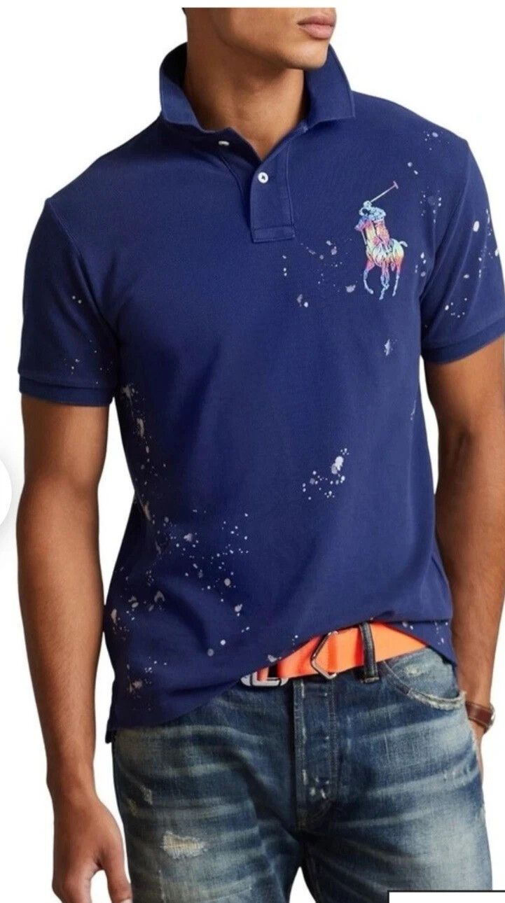 Polo Ralph Lauren Navy Blue Paint Splatter Custom Fit Big Pony Polo Collared Shirt SIZE XS