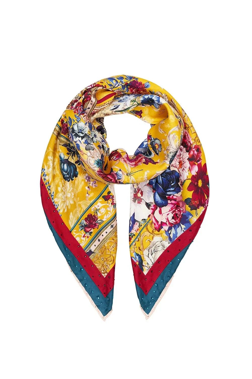 Camilla Crowned Roses Large Square Yellow Floral Silk Scarf Embellished scarf