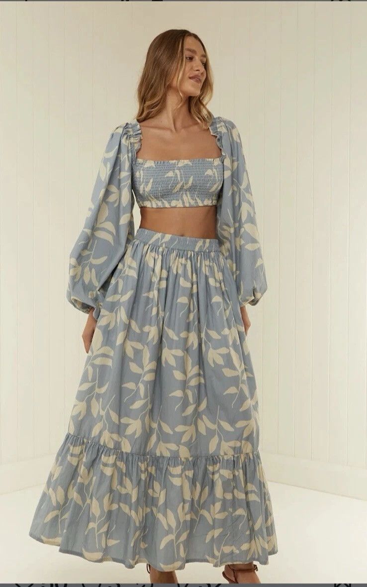 Palm Noosa Audrey Maxi Skirt & Go Fish Crop Top Set in Blue Eaves Leaves Size 8/10