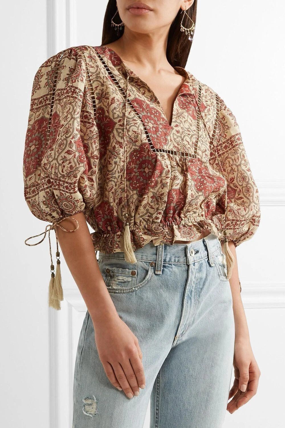 Zimmermann Burgundy Tulsi Border Day Crop Blouse Top with Puff Sleeve & Lace Insert Size 2 (12)