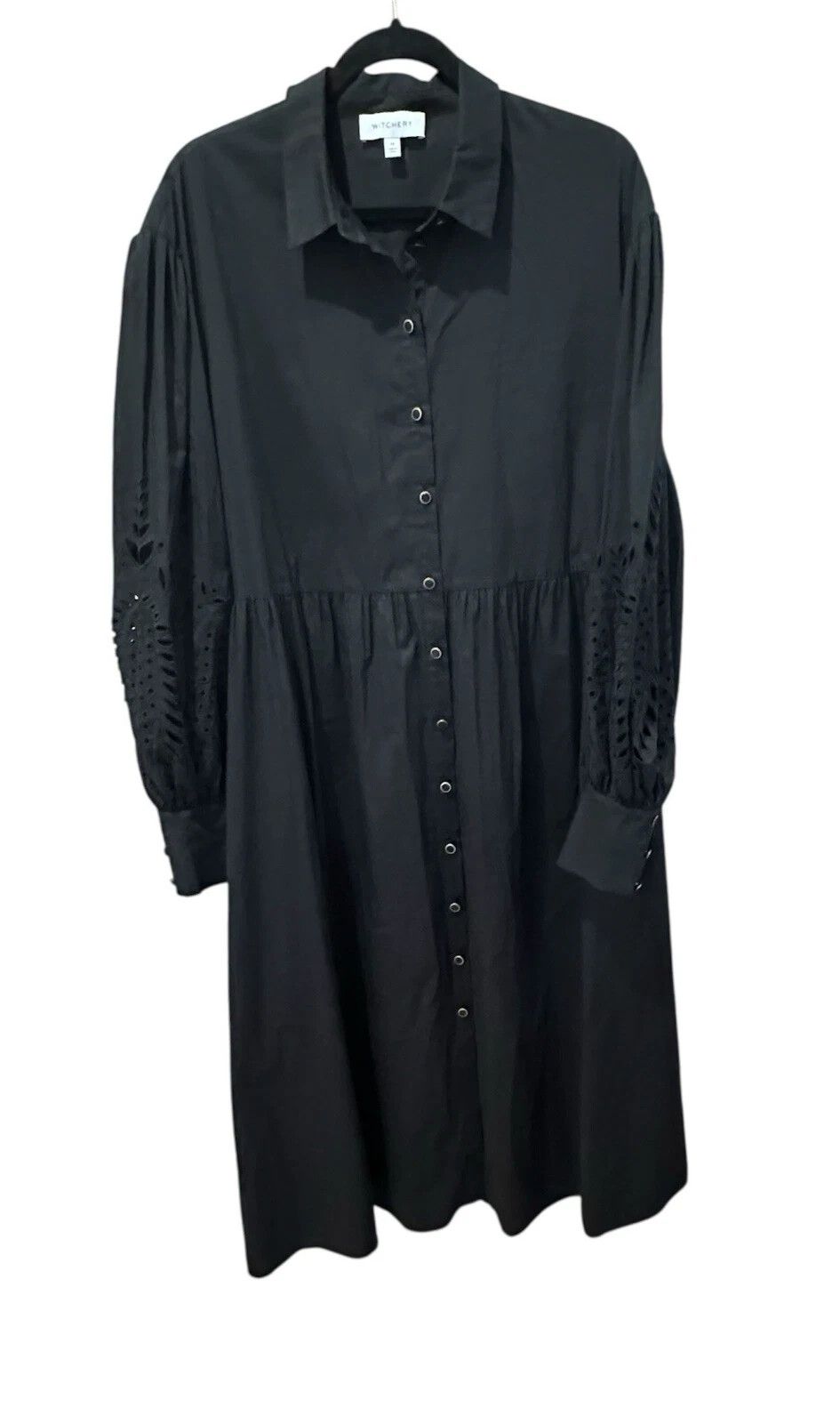 Witchery Black Long Sleeve Broderie Anglaise Midi Shirt Dress Size 14