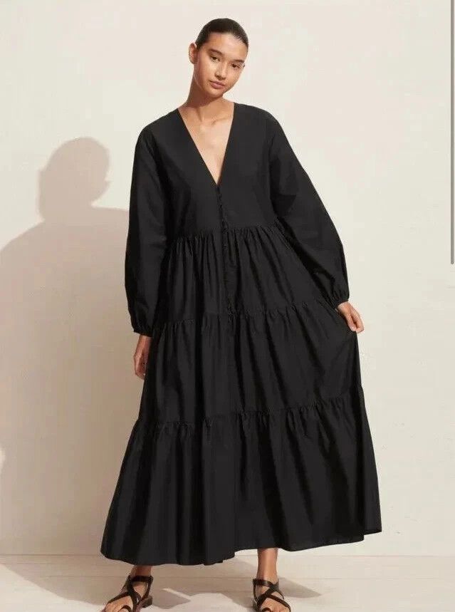 Matteau V Neck Tiered Black Cotton Poplin Long Sleeve Button Down Maxi Dress with Pockets Size 2 (10)
