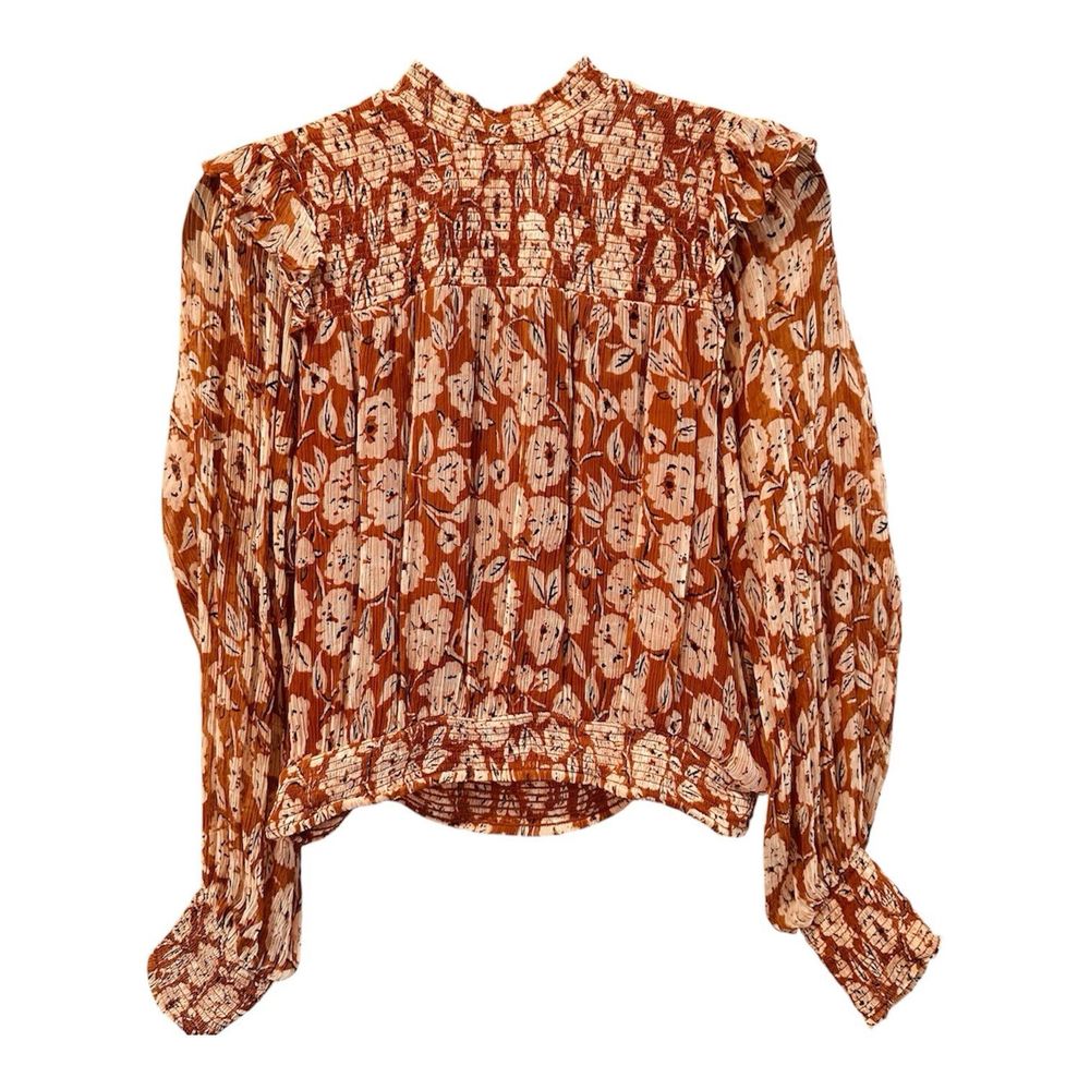 Free People Brown/Cream Floral long sleeve shirred blouse Size Small