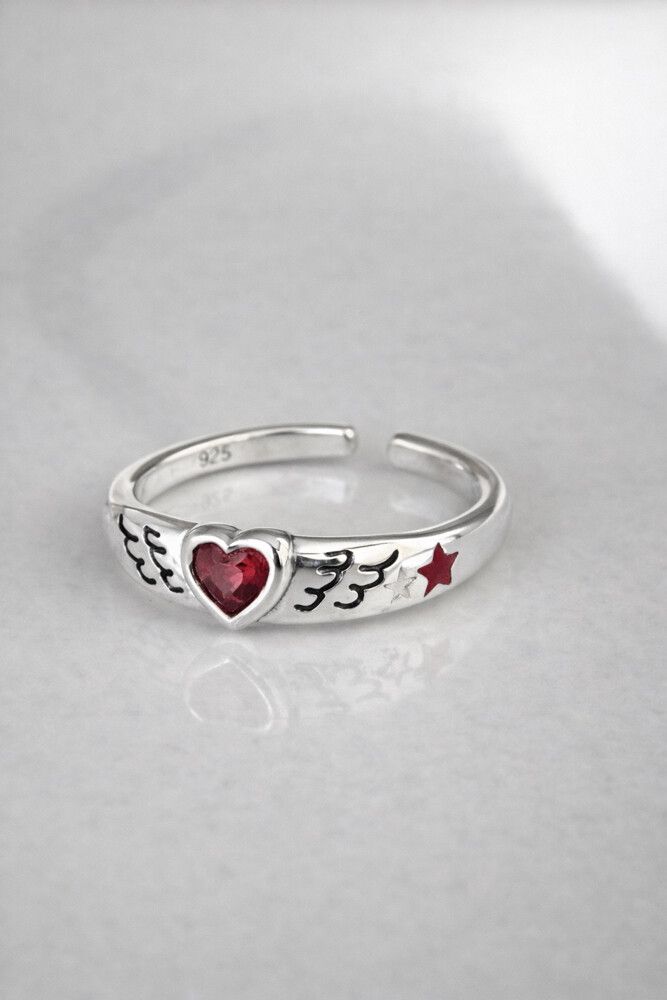 ✨ Angel Heart 925 Sterling Silver Ring – Adjustable Y2K Romance ✨  This genuine 925 sterling silver ring features a delicate winged heart design with a deep red enamel center and matching star detail, giving it that dreamy Y2K angel energy. The engraved w