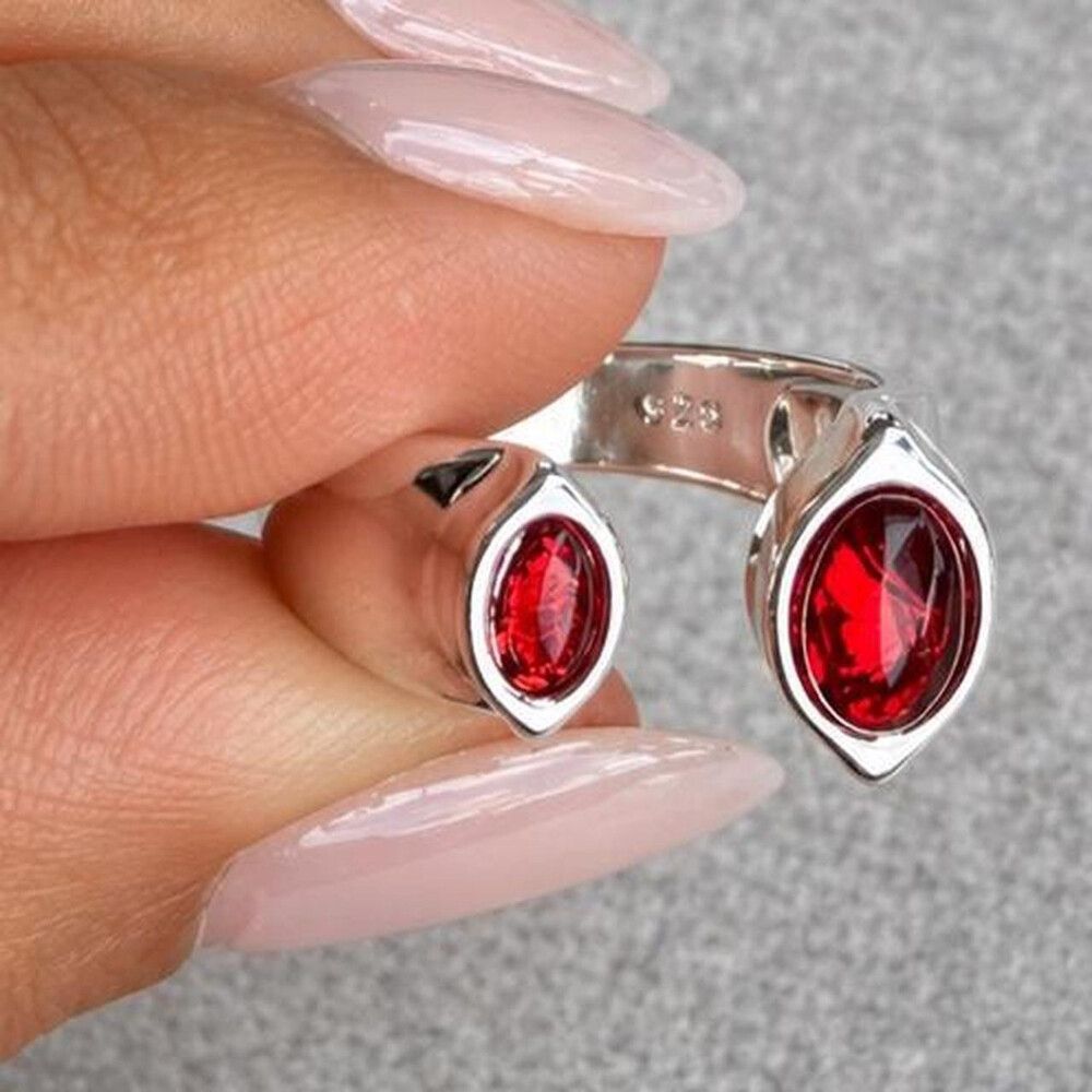 ✨ Minimalist Silver Crimson Open Ring ✨  A striking minimalist silver ring featuring two deep crimson-red oval stones set in genuine 925 sterling silver (stamped). Inspired by iconic 70s jewellery, this unique open ring combines clean sculptural lines wit