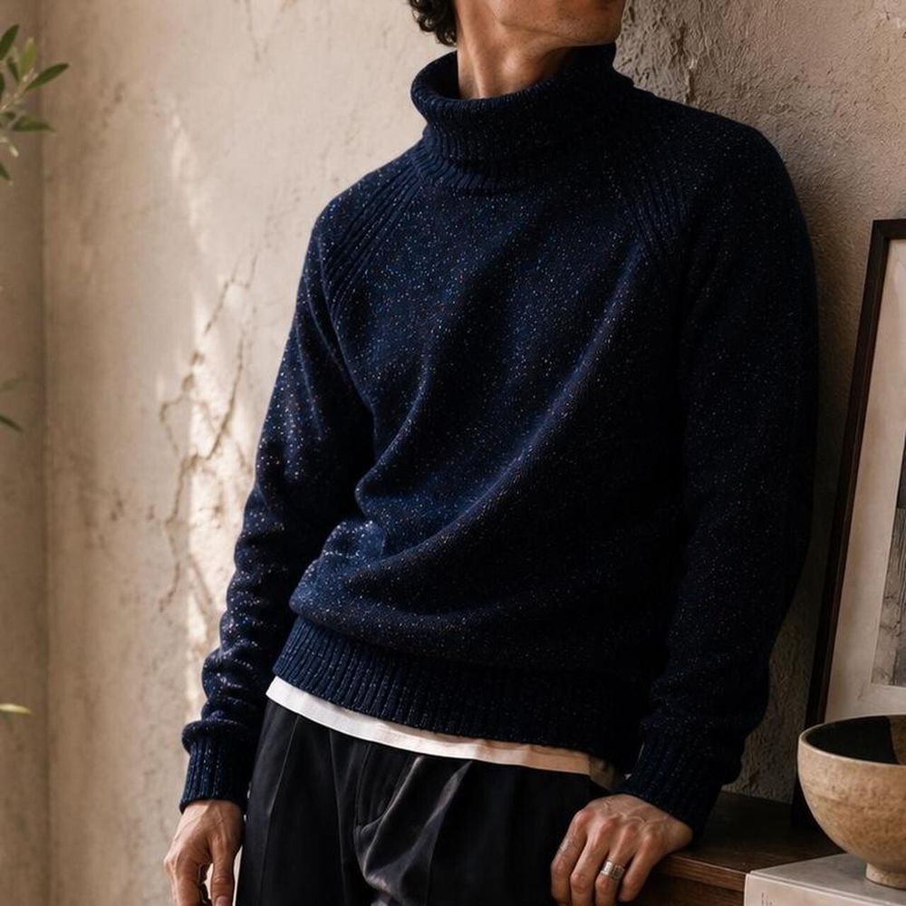 PS Paul Smith Donegal Fleck Roll Neck Knit Jumper Navy Wool Blend Large