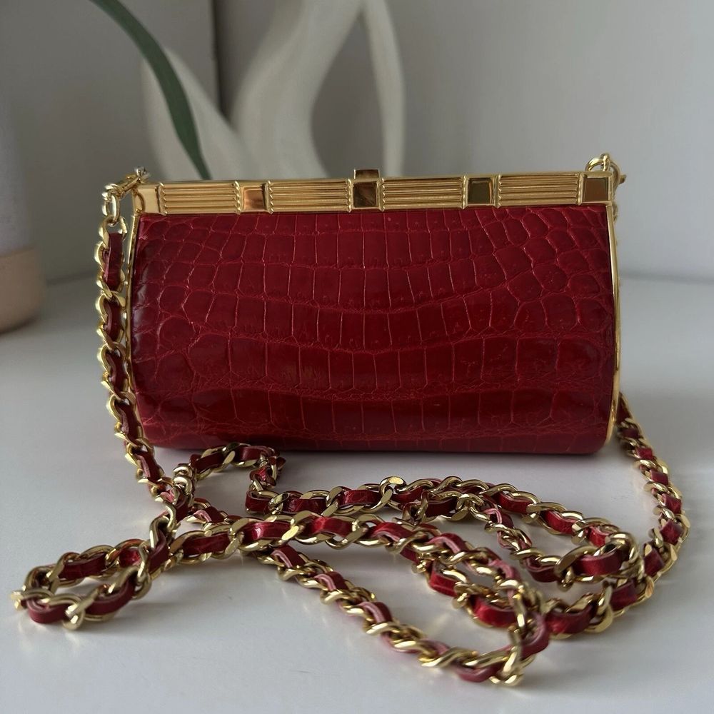 Vintage Lorenzi Red Genuine Crocodile Exoctic Leather Mini Crossbody Evening Bag