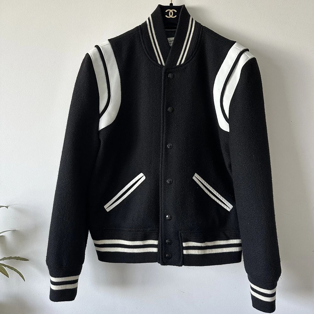 Saint Laurent Teddy Wool Jacket Black White Trimming Size 44