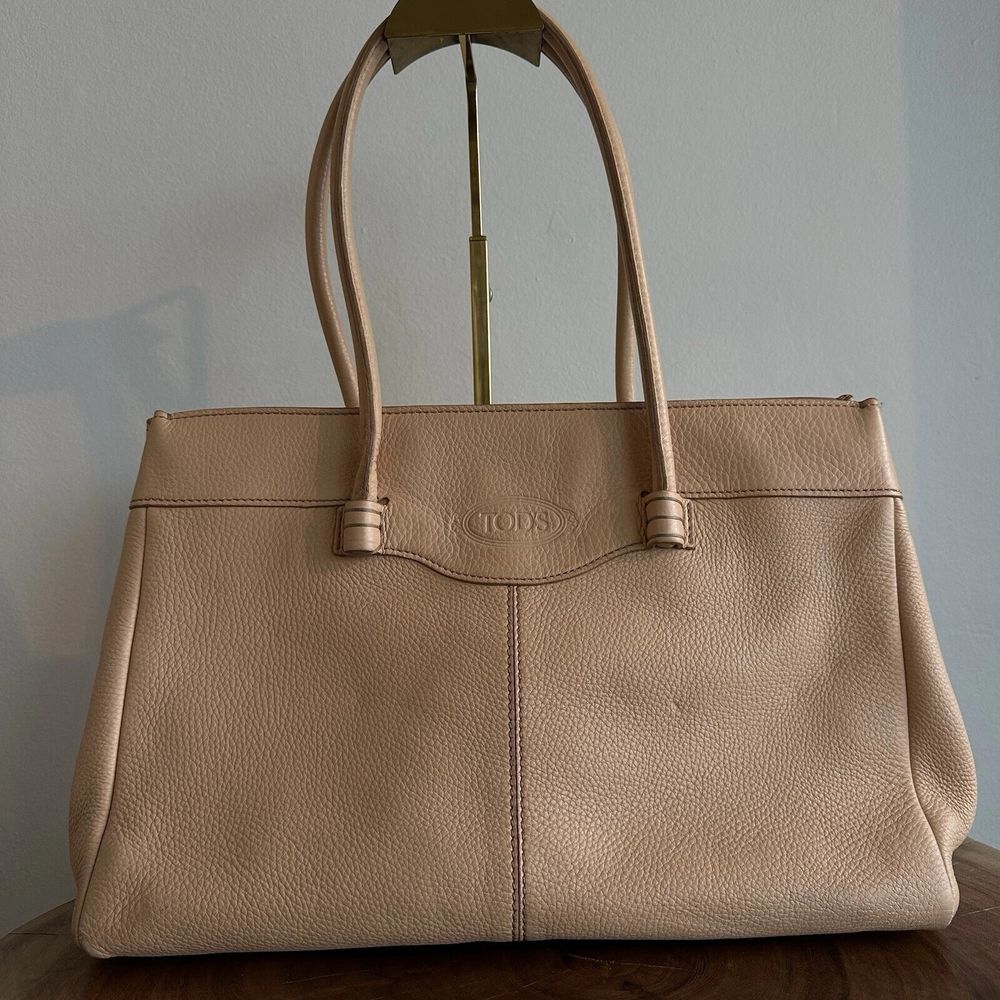 Tod's Beige Pebbled Leather Medium Mocassino Tote Made In Italy