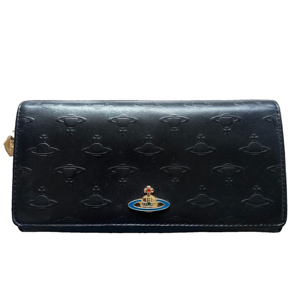 Vivienne Westwood Black Leather Long Wallet Designer Made In Italy