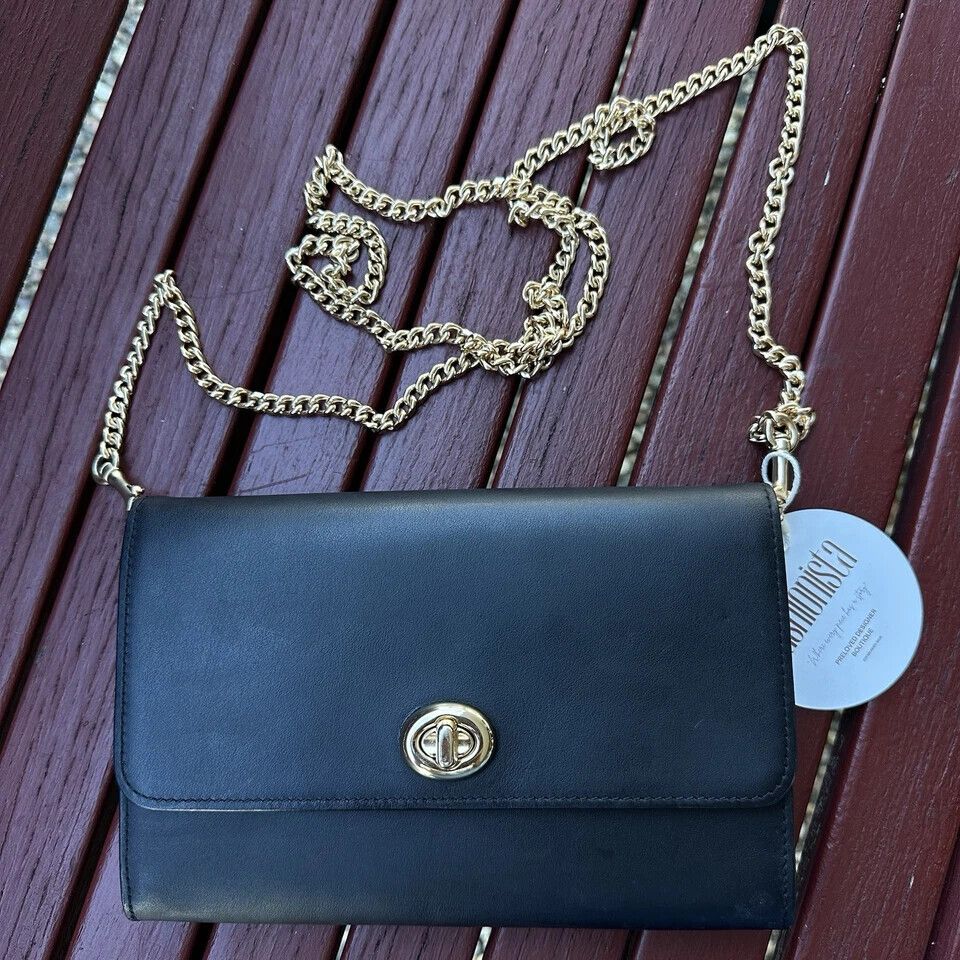 Coach 38966 Marlow Turnlock Chain Crossbody Bag Black Smooth Leather