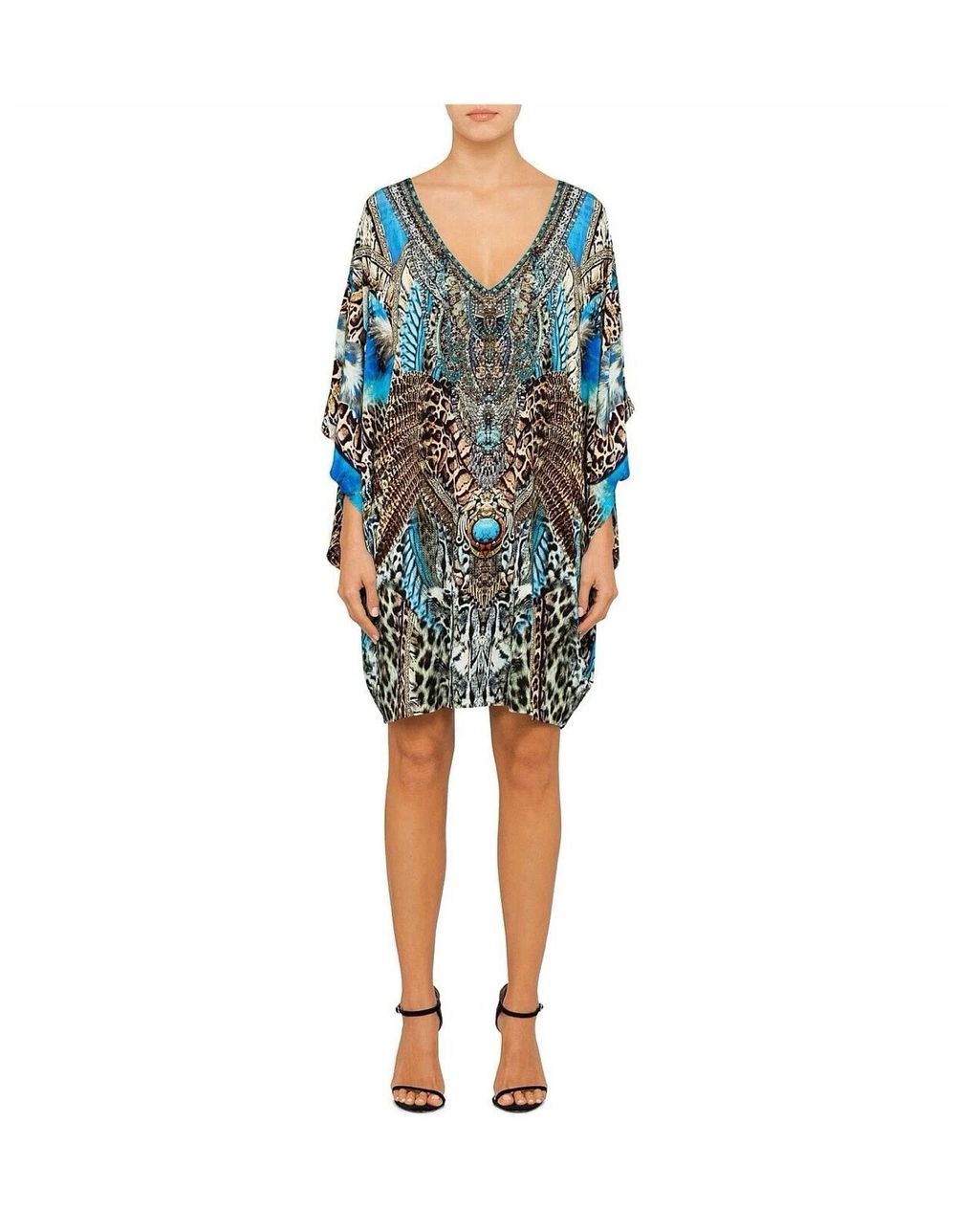 CAMILLA V-neck Dream State Bat-wing sleeve dress/kaftan Blue One Size Beaded Gem