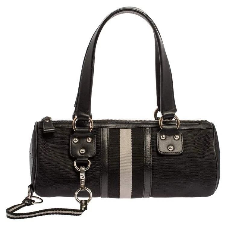 Bally 3 Stripes Black Nylon and Leather Cylinder Bag