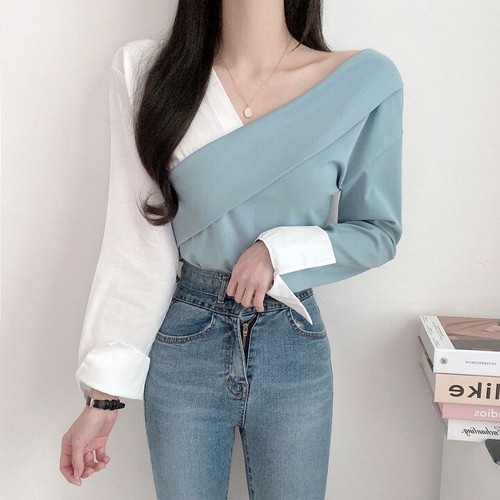 Brand New Two Tone White & Blue Shirt Top Size 8