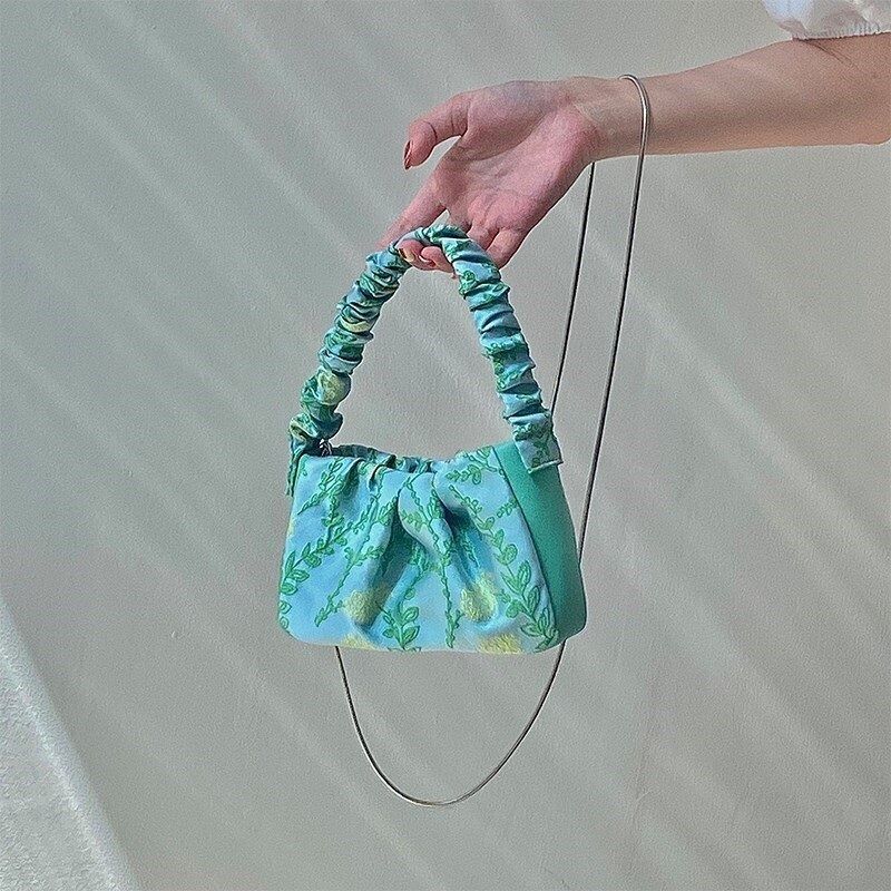 Brand New Green Embroidery Mini Bag With Silver Chain