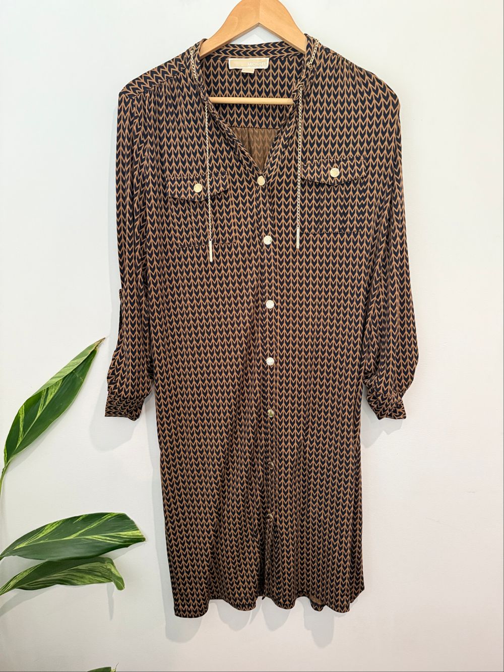 Michael Kors Brown Chevron Print Shirt Dress with Chain Detail - Size M