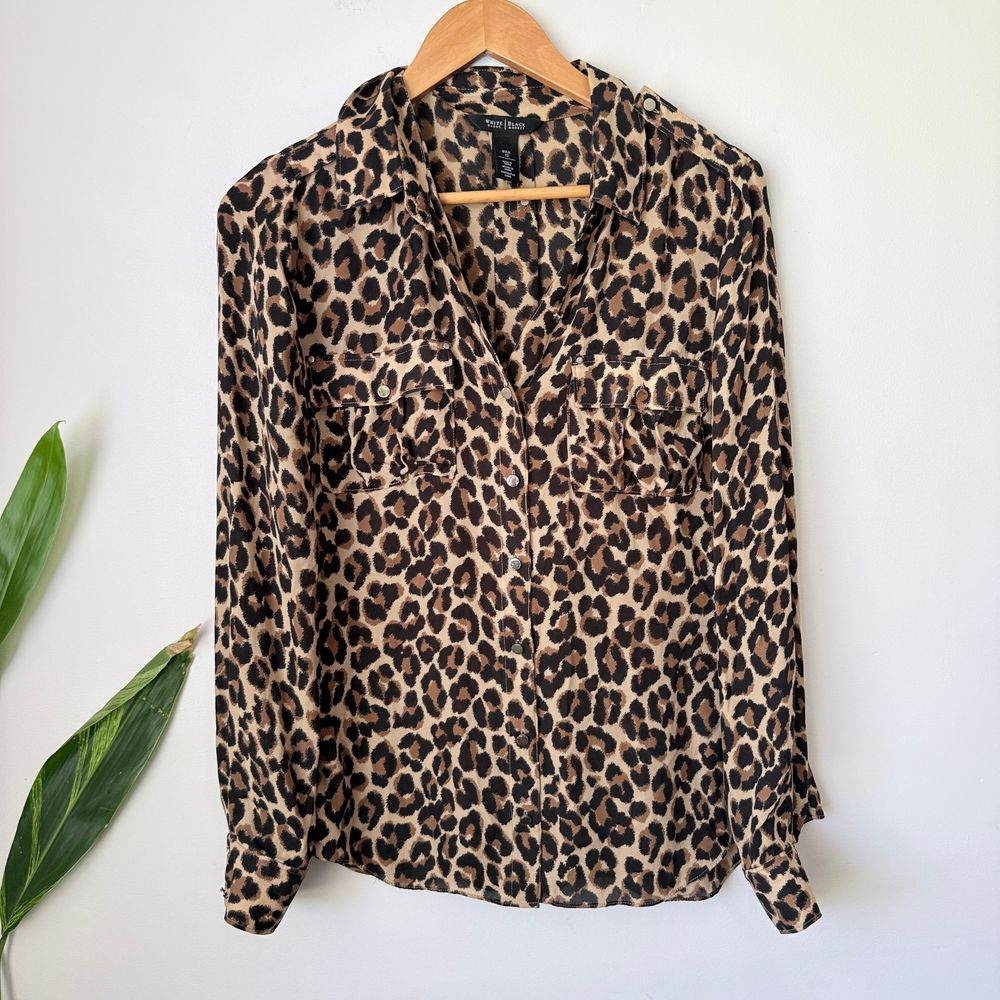 White House Black Market Silk Leopard Print Beige Shirt Size 12