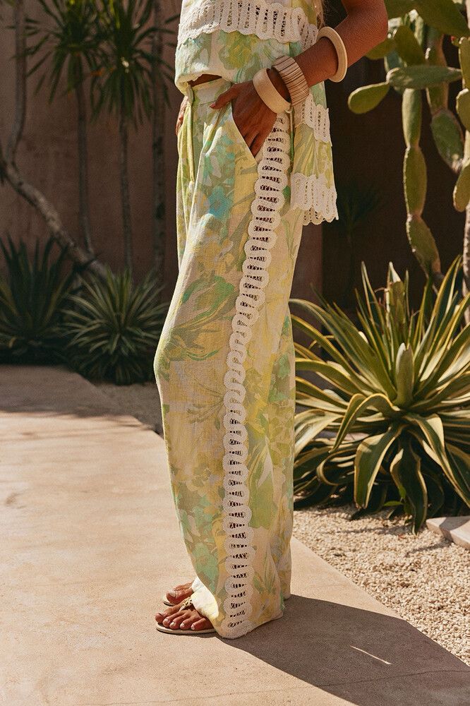 Zaco Green Orion flore festivo print linen pants sz 16