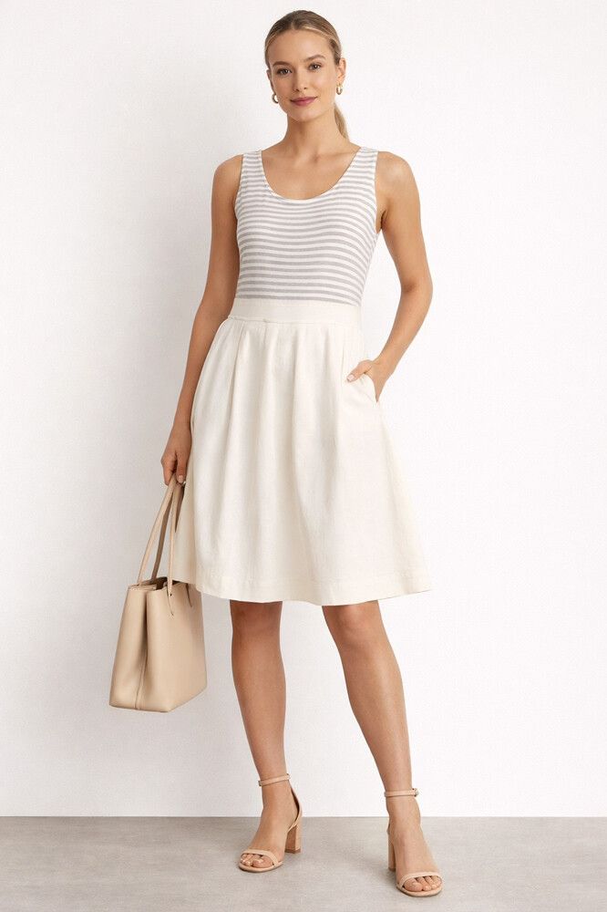 Veronika Maine Grey White Striped Dress Sz 12 striped