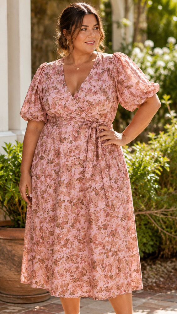 Amalie Pink Floral wrap around linen  Midi Dresss Sz16