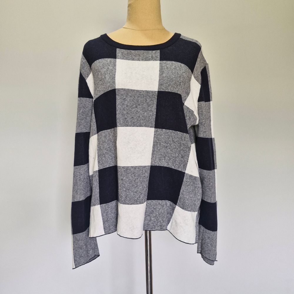 Trenery Blue & White Check Cotton Cashmere Tight Knit Pullover Jumper Size L