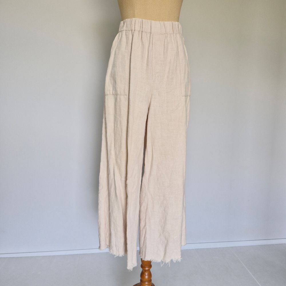 Little Lies Beige Linen Blend Elastic Waist Raw Hem Pants Size 12