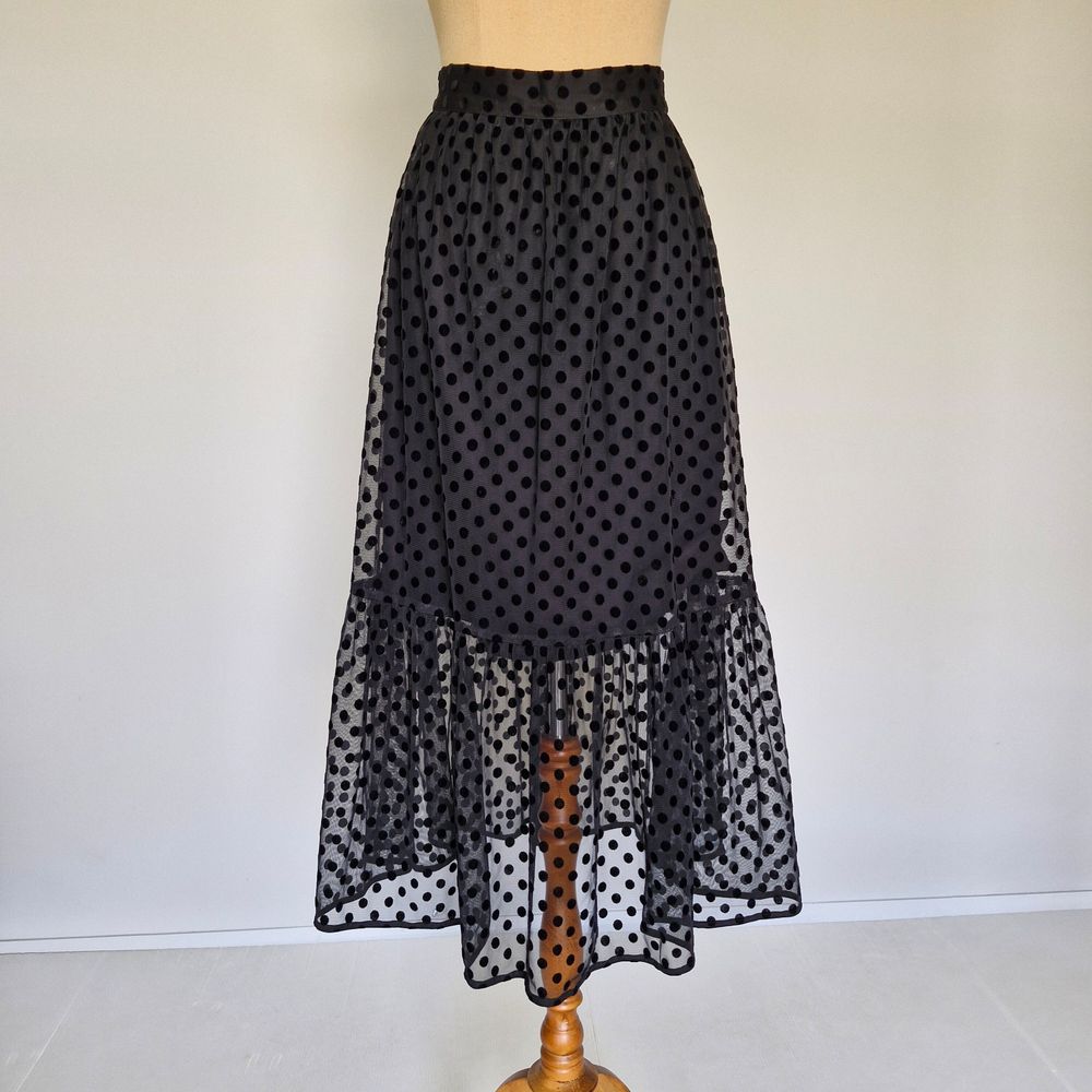 Gorman Black Polka Dot Mesh Frill Hem Midi Skirt Size 10 US 6