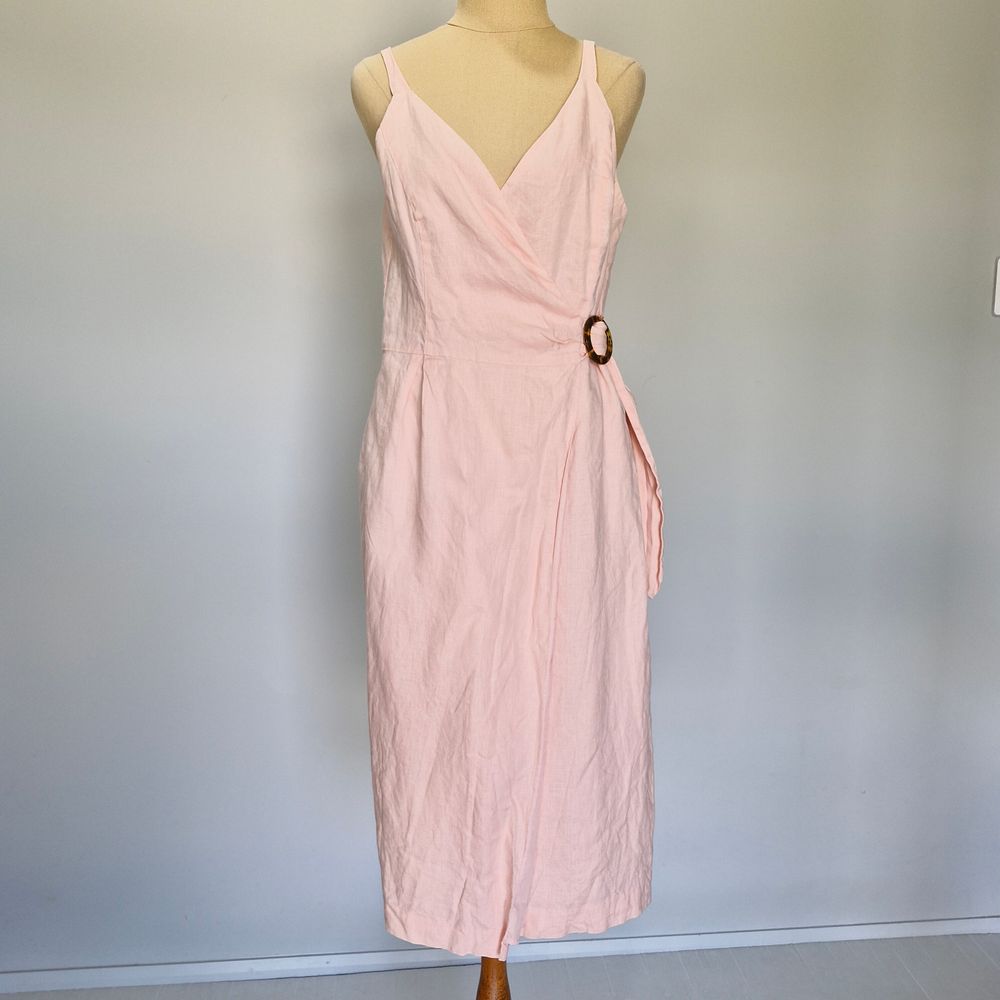 Cue Pale Pink Linen V-Neck Buckle Detail Wrap Dress Size 10