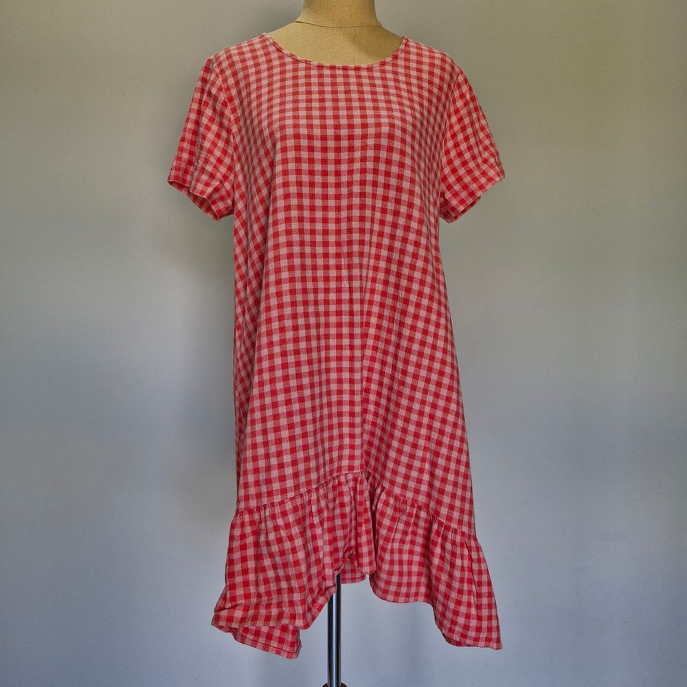Mister Zimi Pink & Red Gingham Cotton Short Sleeve Frill Hem Mini Dress Size 12