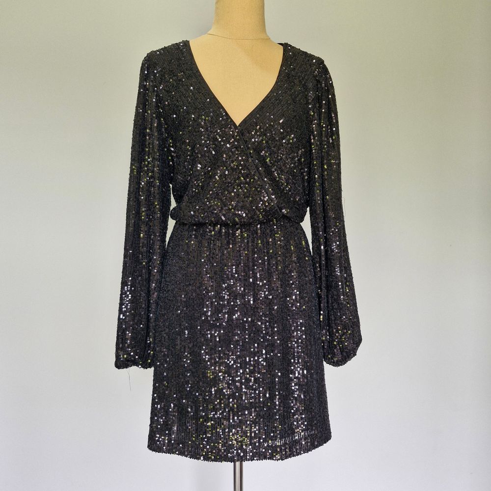 Portmans Black Sequin V-Neck Long Sleeve Mini Dress Size 16
