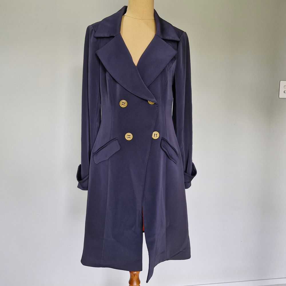 Moss & Spy Navy Blue Twill Button Detail Long Sleeve Trench Coat Size 12