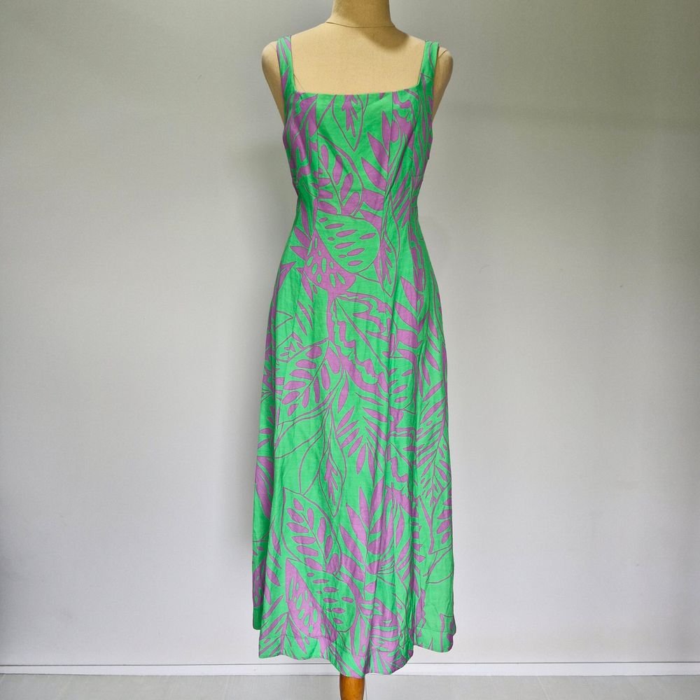 Veronika Maine Bright Green & Purple Cutout Linen Blend Midi Dress Size 12