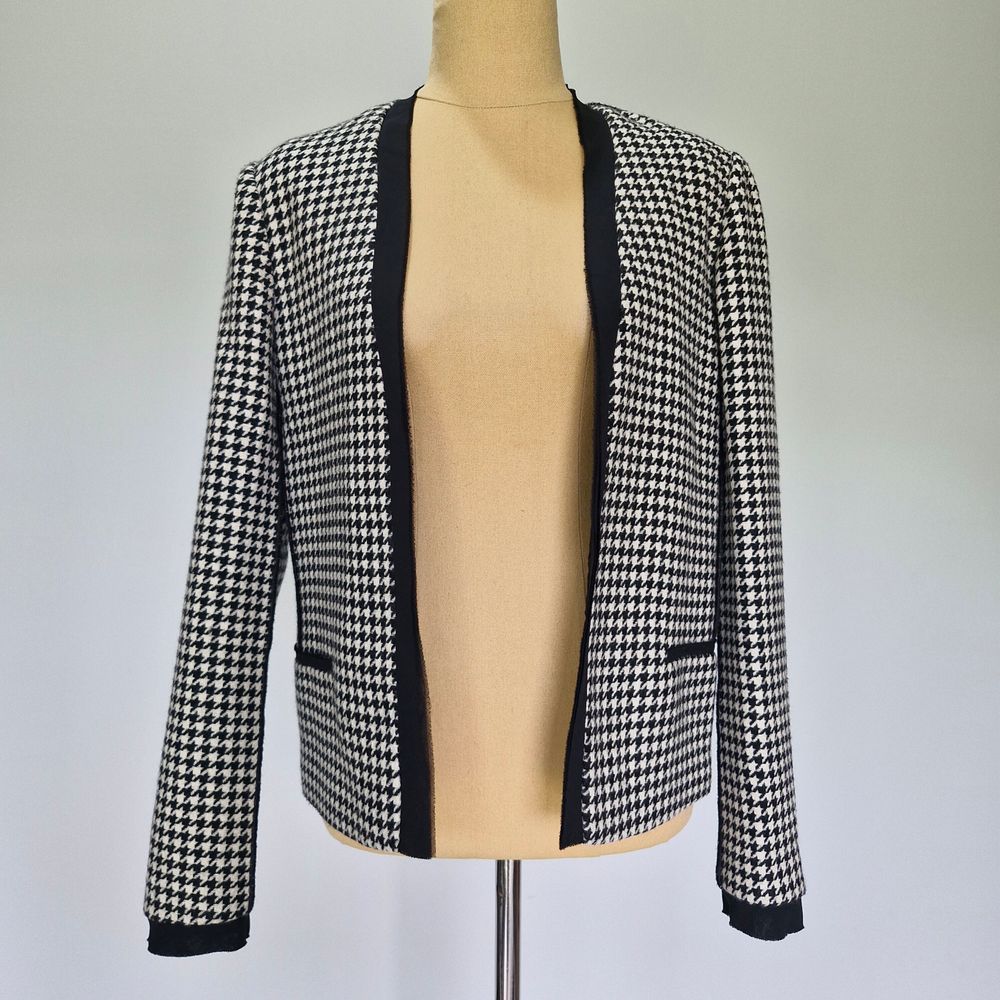 Maison Scotch Black & White Wool Blend Houndstooth Open Jacket Size 1
