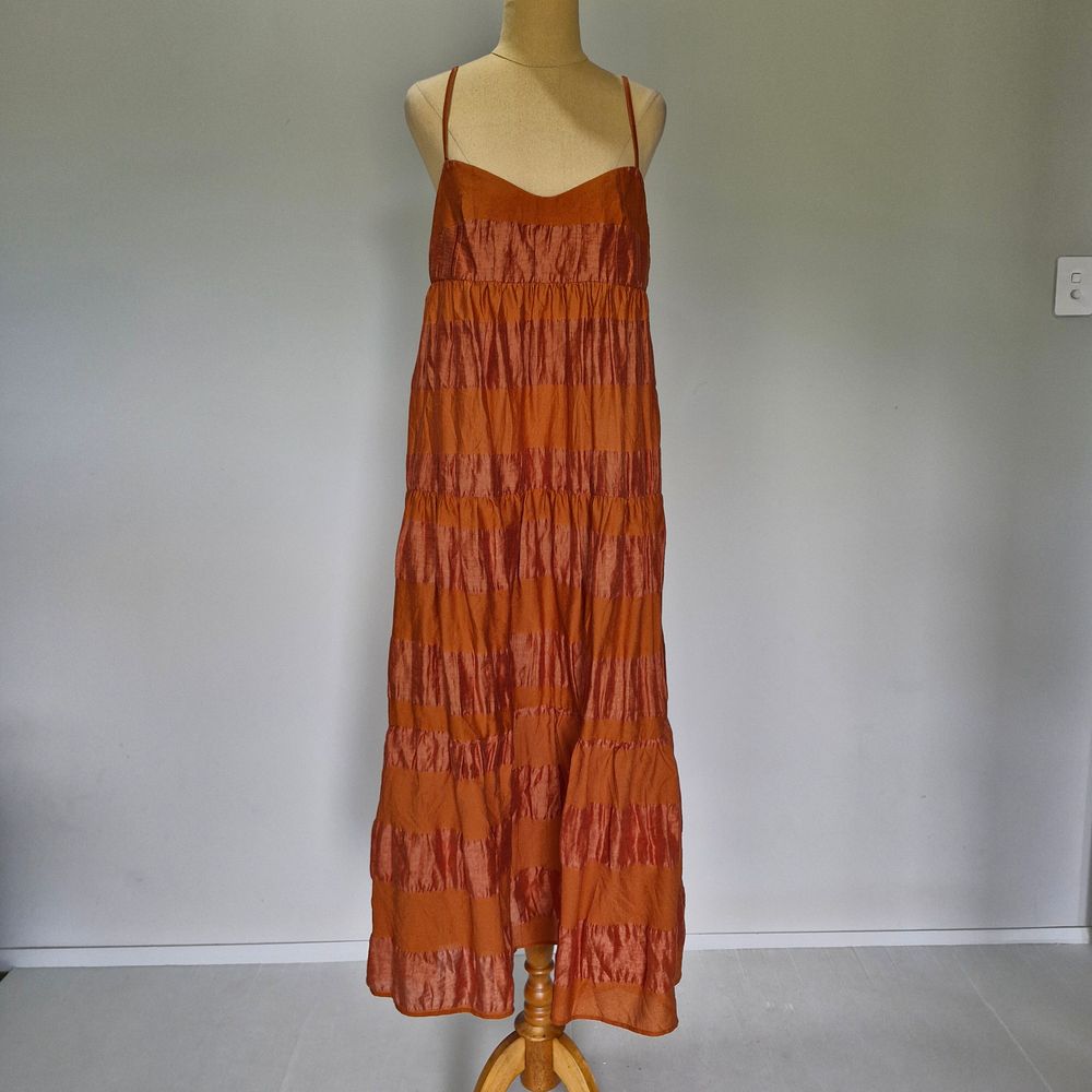open lace back dress Burnt Orange Floral Spiral Tiered Maxi Dress