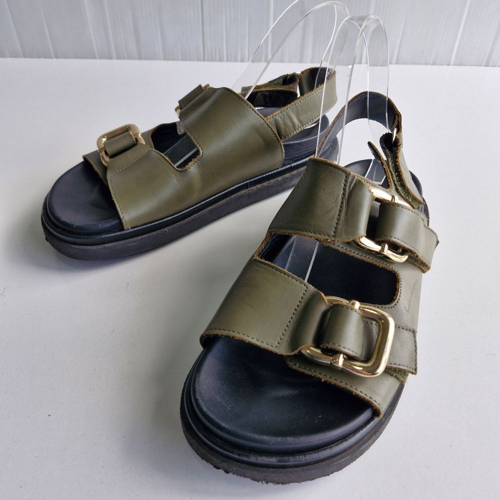 Alohas Harper Olive Green Leather Buckle Detail Chunky Sandals Size 39