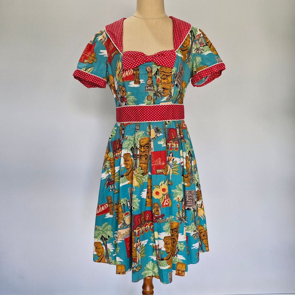 Kitten D'Amour Voodoo Kitten Multicolour Tiki Print Fit & Flare Dress Size 12