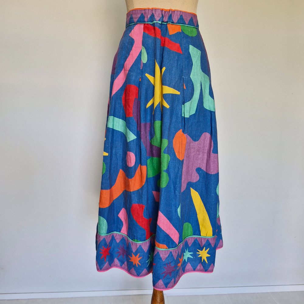 Gorman Magic Rocks Multicolour Print Pleated Linen Midi Skirt Size 10