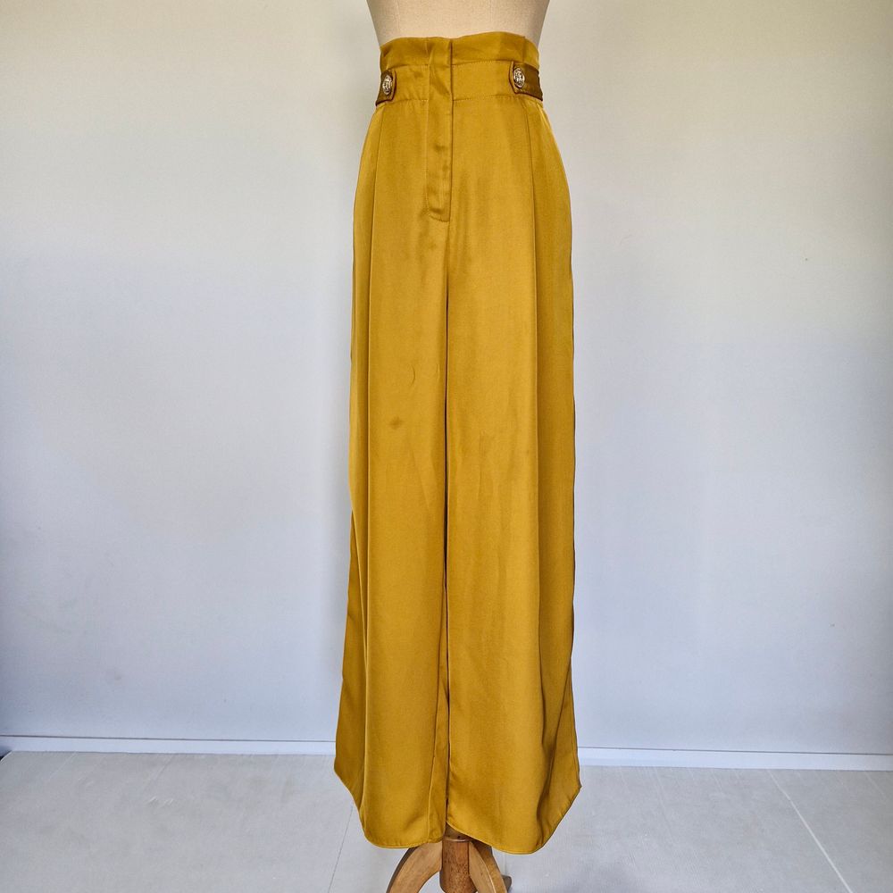 Sheike Mustard Yellow Pleated Button Detail Wide Leg Paperbag Pants Size 12