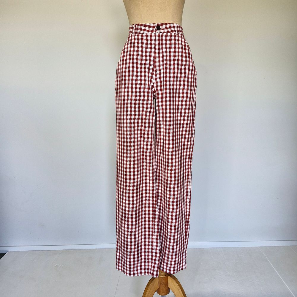 Nudie Jeans Willa Red & White Check Twill Straight High Rise Pants Size XS