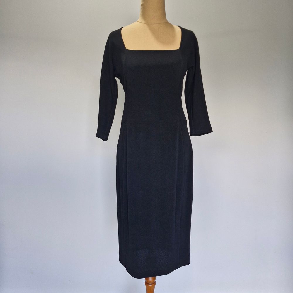 Sacha Drake Strvol Black Crepe Square Neck 3/4 Sleeve Sheath Dress Size 12