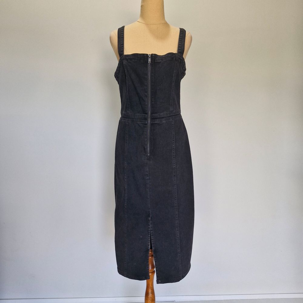 Seed Heritage Black Stretch Denim Sleeveless Zip Front Midi Dress Size 12